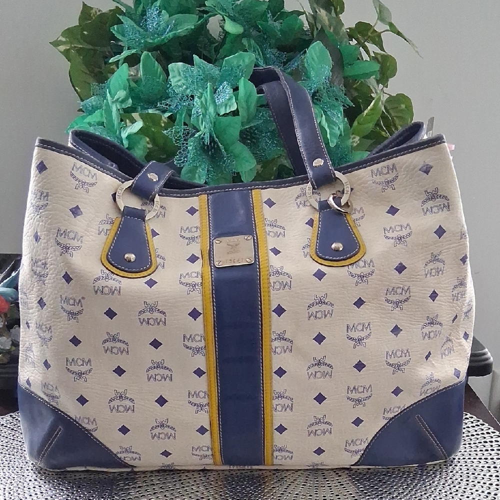 MCM Blue and Cream Tote with Yellow Accents - Picture 1 of 7